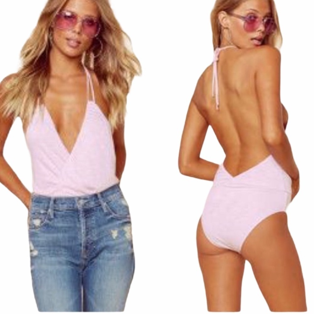 NEW Blue Life Lilac Deep V Haley Halter Bodysuit XS
